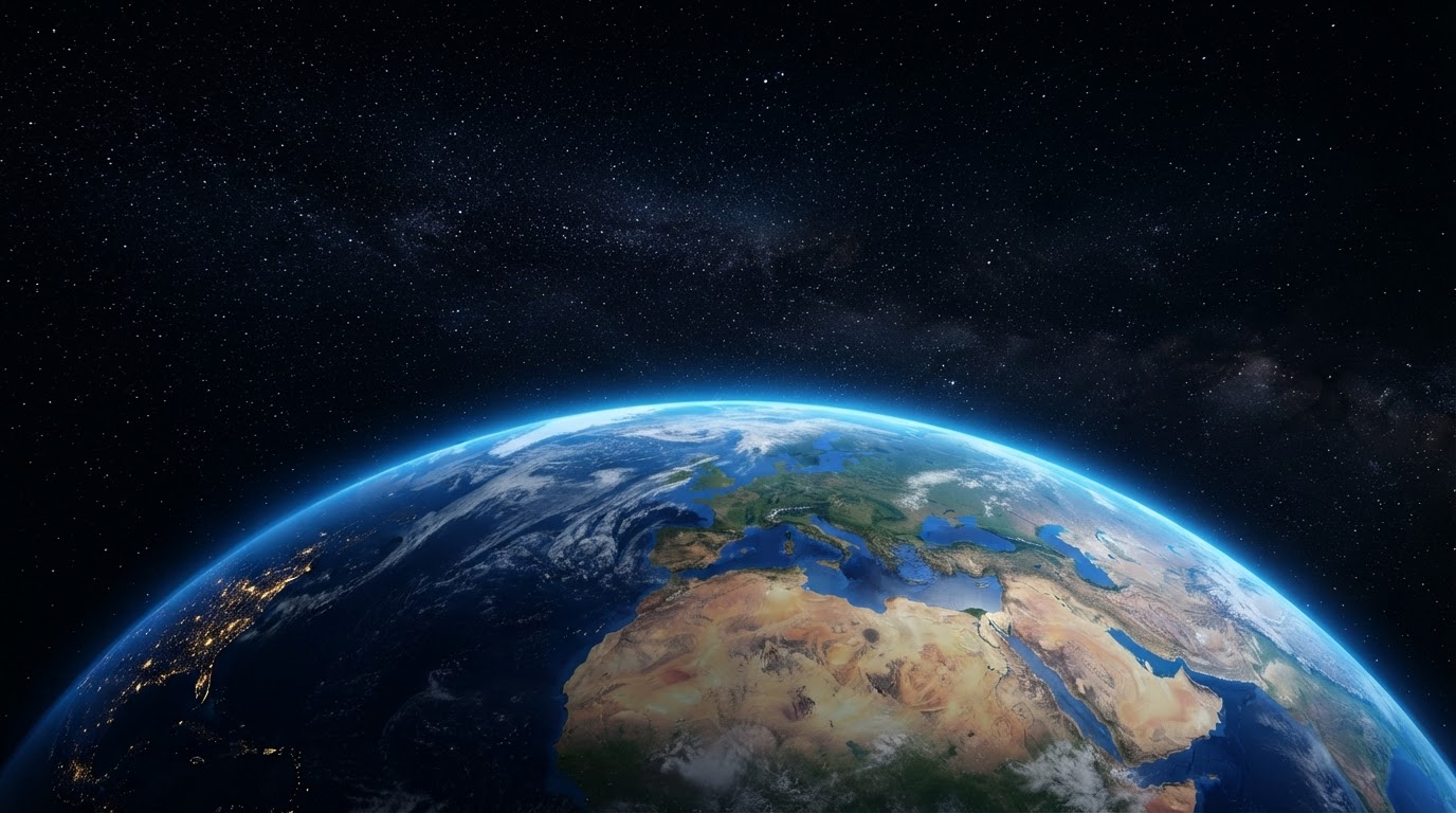 The curved limb of Earth seen from high orbit, glowing electric blue against deep space