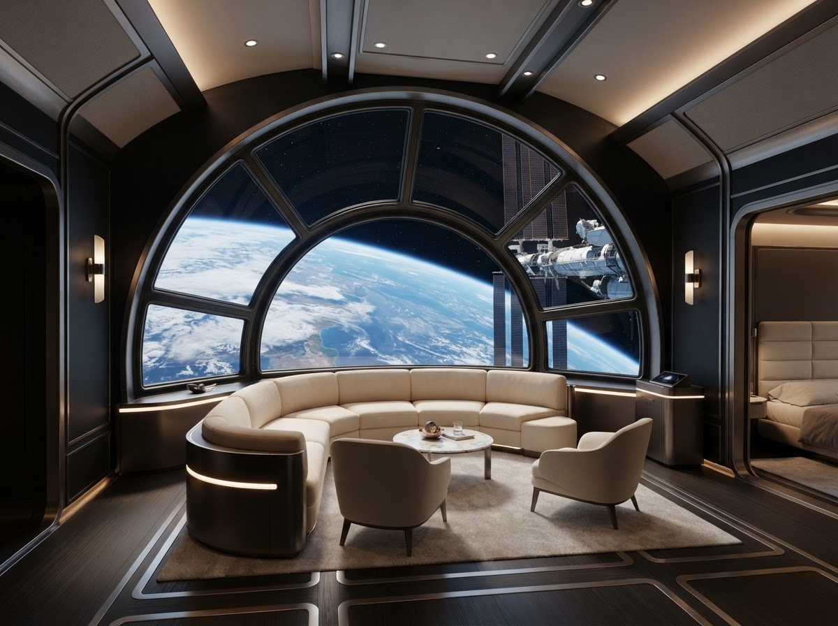 Interior of an orbital residence with curved Earth visible through the window