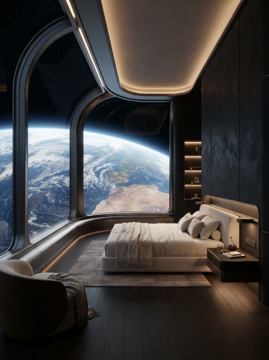 A luxury orbital suite with a panoramic window overlooking Earth