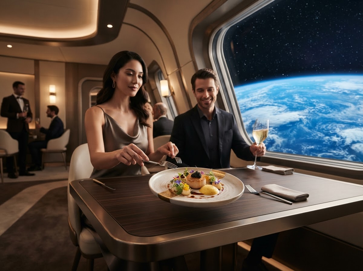 Chef-designed fine dining plated inside an orbital station