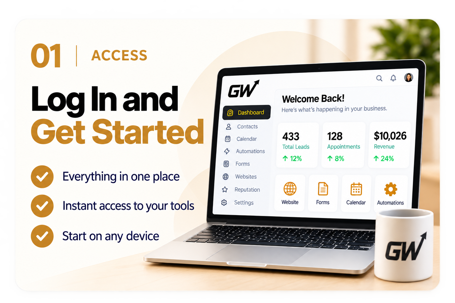 01 Access: Log In and Get Started. Everything in one place, instant access to your tools, start on any device.