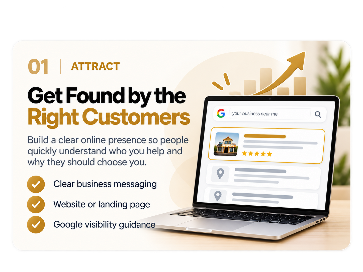 01 Attract: Get Found by the Right Customers. Build a clear online presence so people quickly understand who you help and why they should choose you. Clear business messaging, website or landing page, Google visibility guidance.