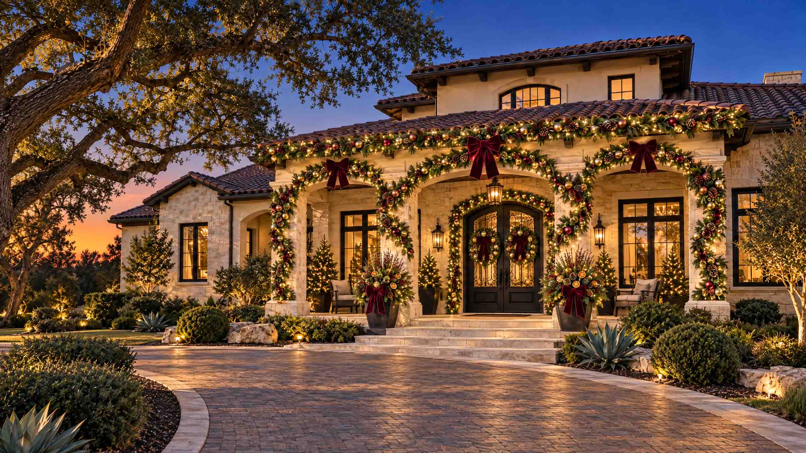 Custom illuminated holiday porch decorating on a luxury San Antonio estate by Bow & Bough Designs