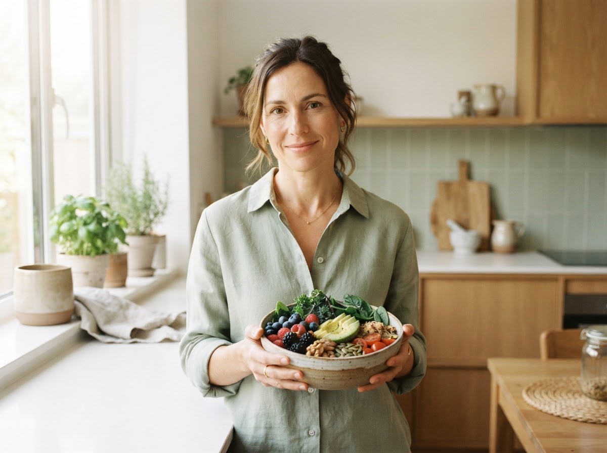 A woman feeling nourished and well, holding a bowl of fresh whole foods in a light-filled kitchen