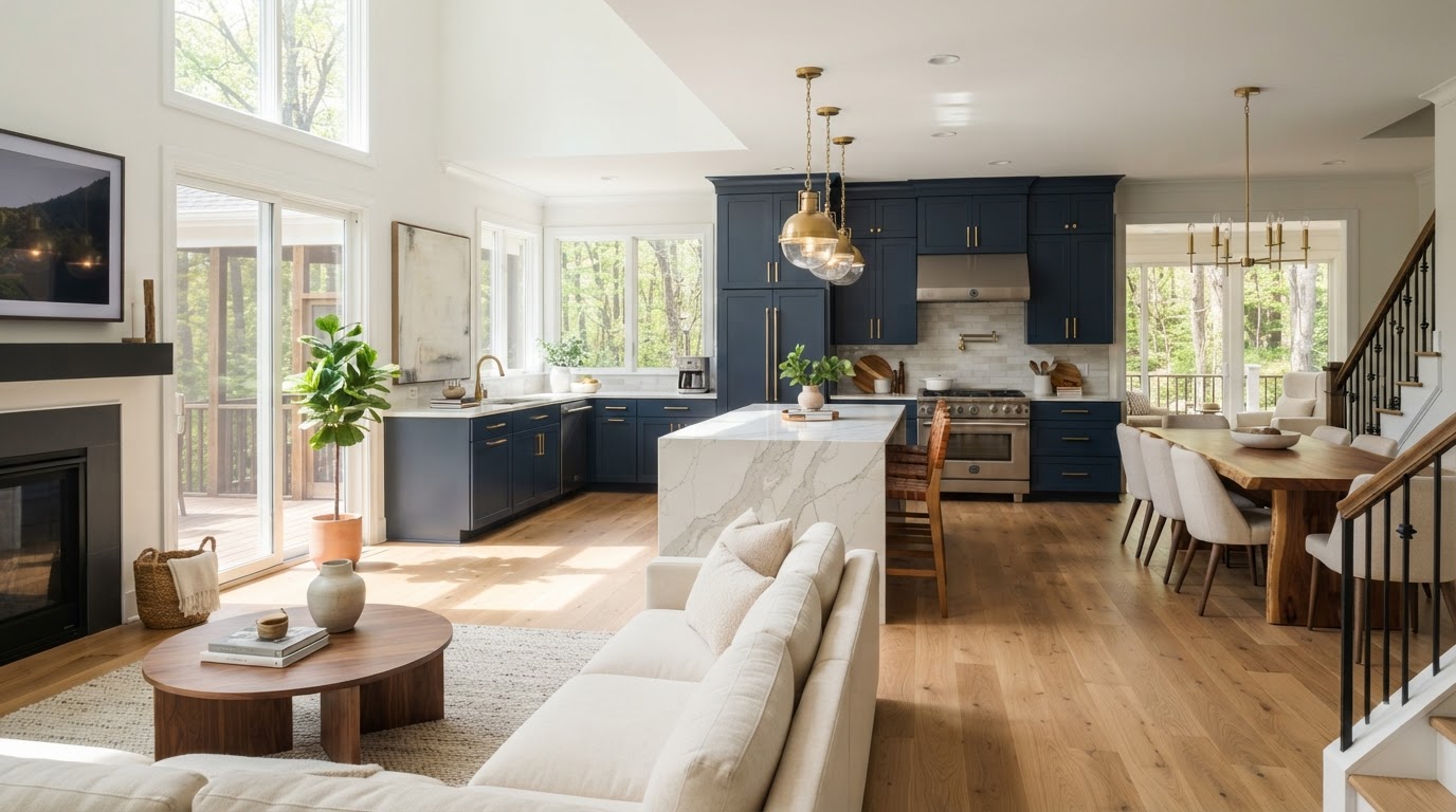 Luxury open-concept kitchen remodel with navy cabinetry, gold hardware and quartz island by Innova Pro LLC in Frederick, MD