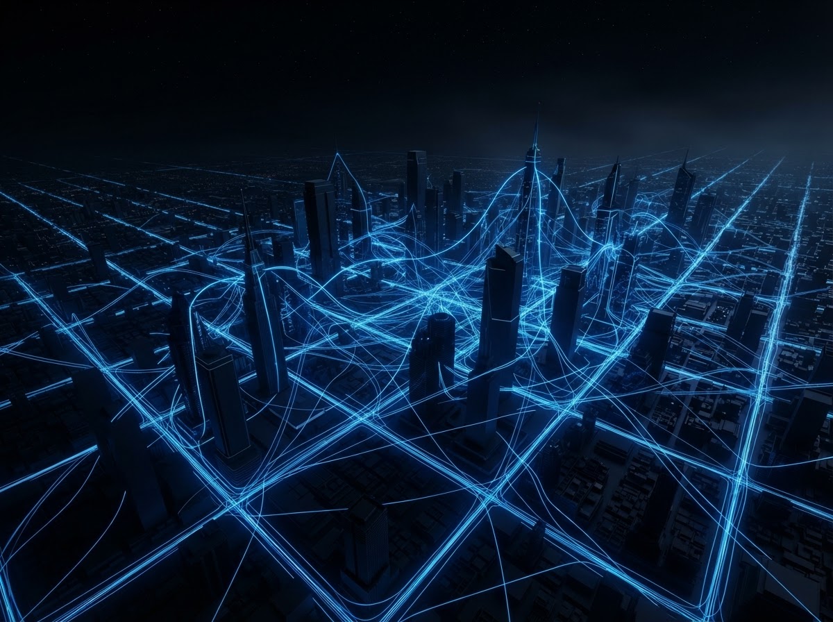 Ciudad de noche con líneas de datos formando una red de medios