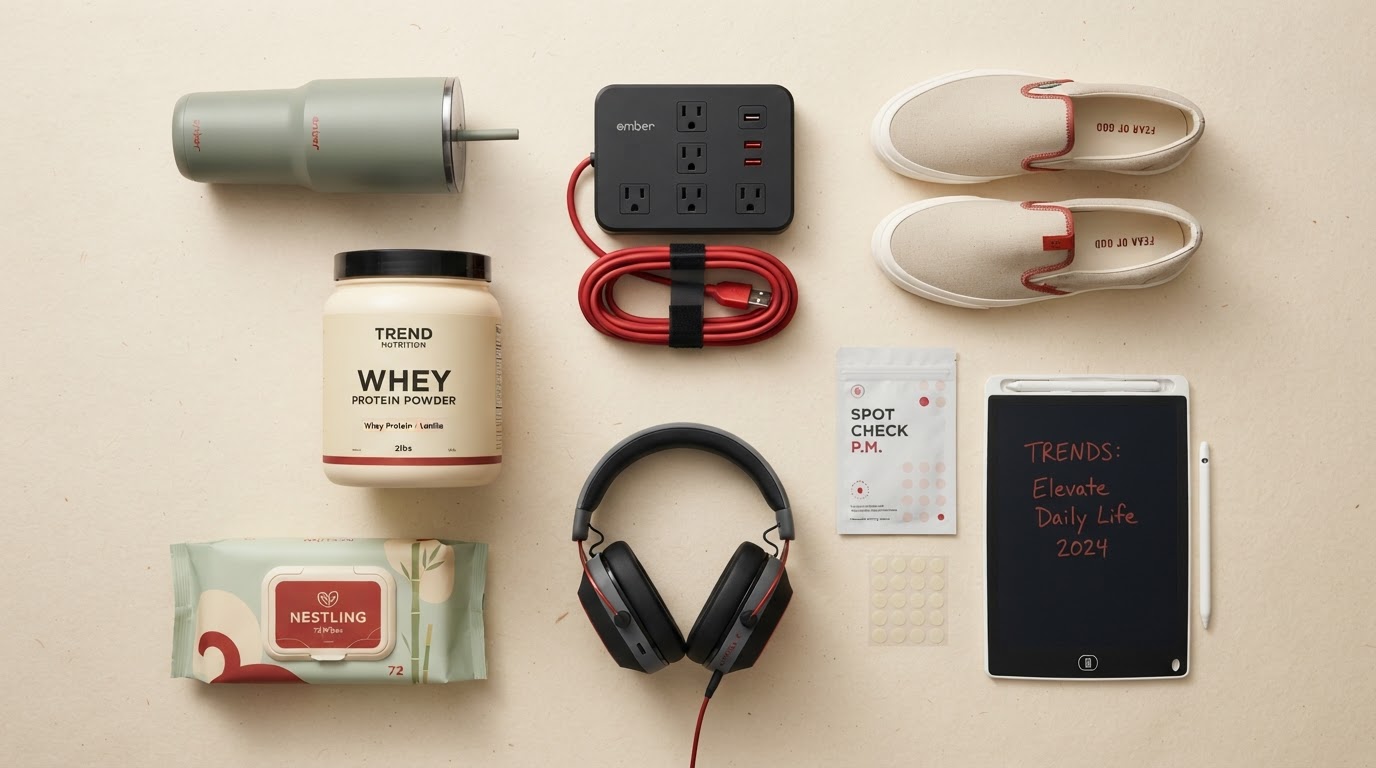 A flat-lay of trending everyday American products on warm cream paper
