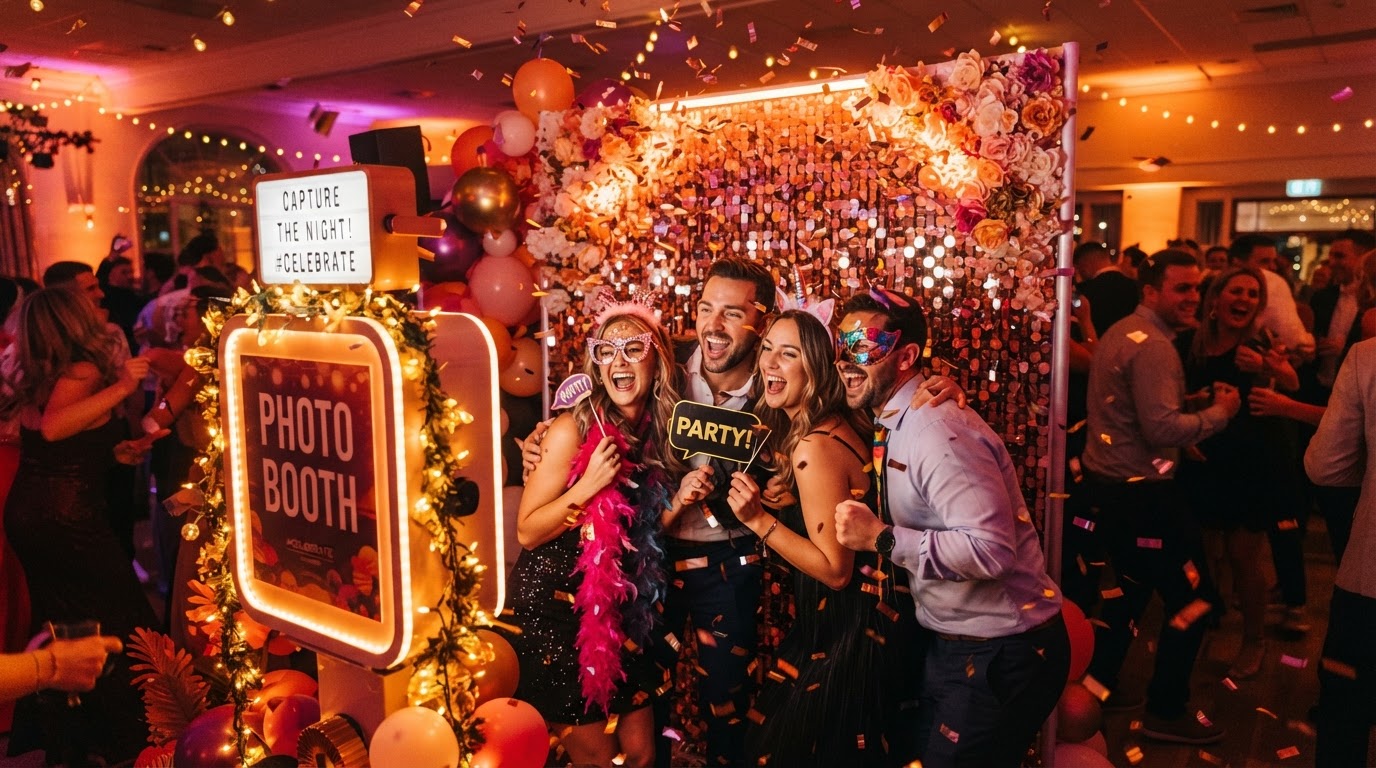 Photo booth celebration with warm orange and magenta lighting