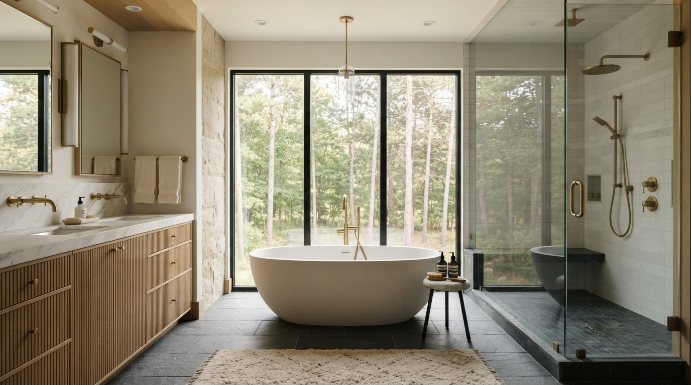 Master bath soaking tub with Michigan forest view