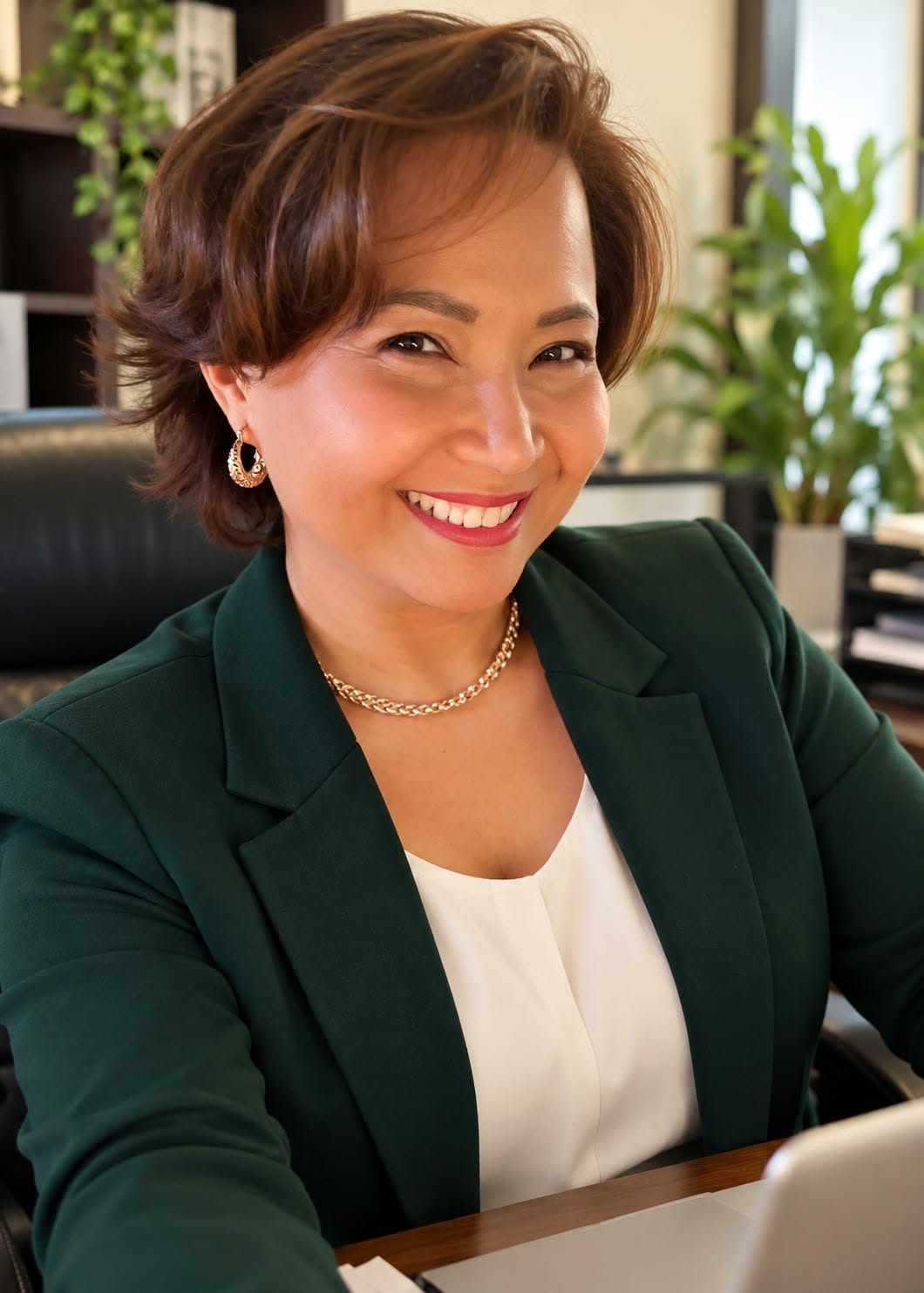 Ma Princesa Principe wearing a forest green blazer and white blouse