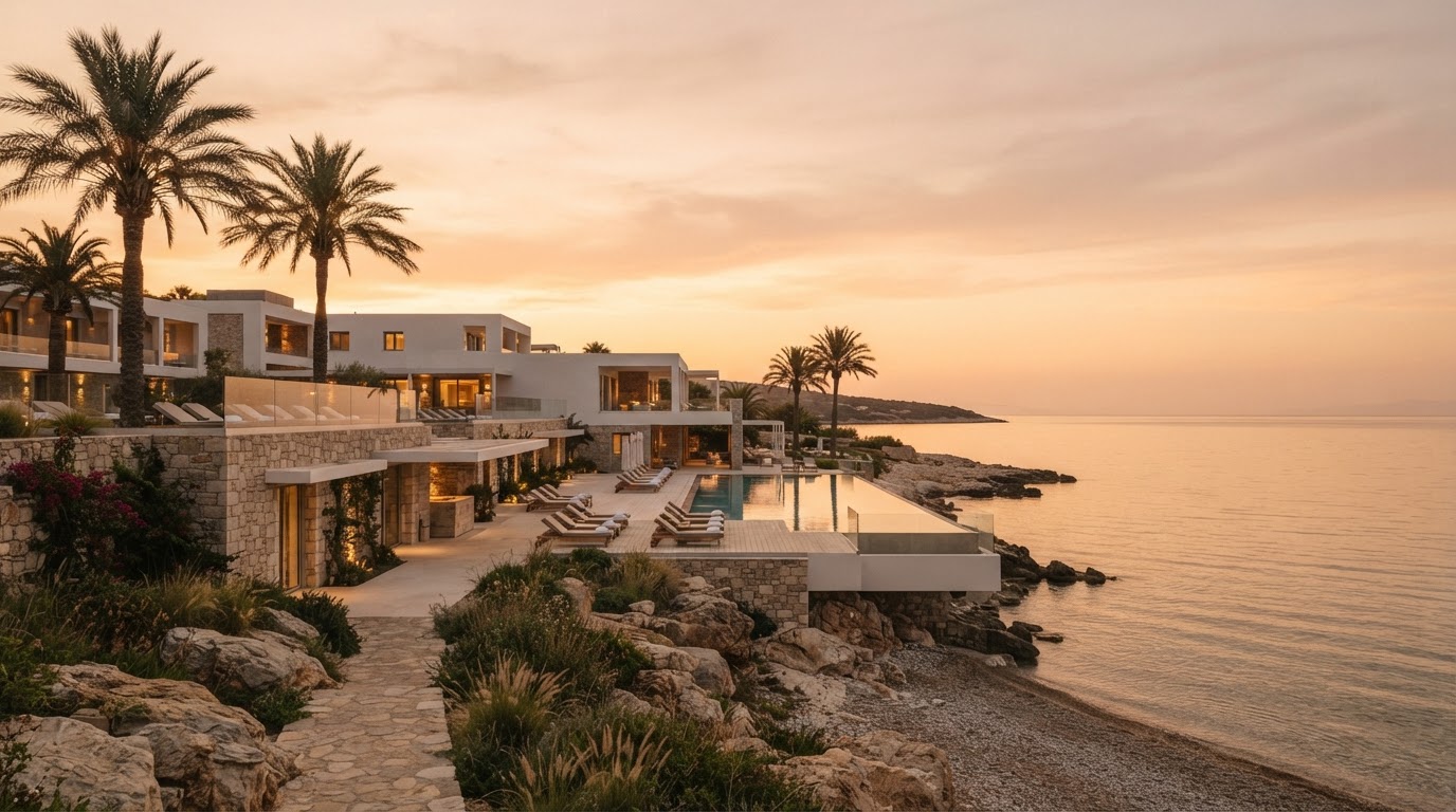 Elegant luxury hotel with palms by the sea at golden hour