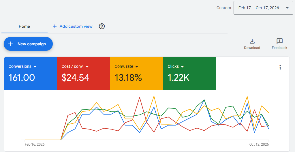 CCL Wash & Seal Google Ads performance dashboard: 161 conversions at $24.54 cost per conversion (Feb 17 – Oct 17)