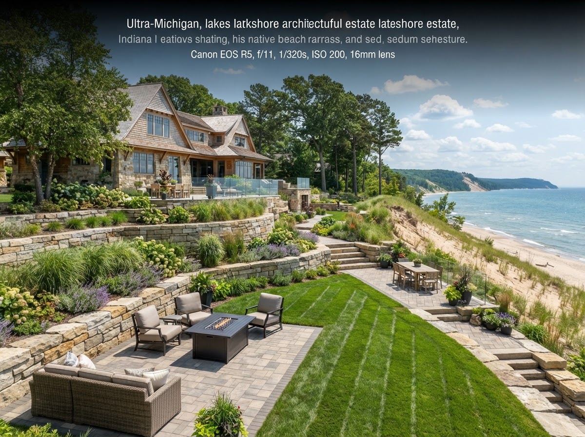 West Michigan lakeside hardscaping and lush coastal turf