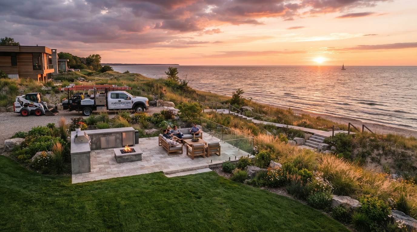 West Michigan lakeside hardscaping and lush turf