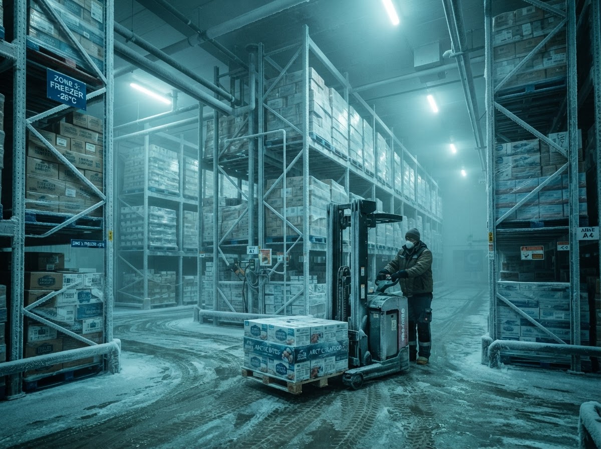Frozen food warehouse with pallets of boxed frozen products