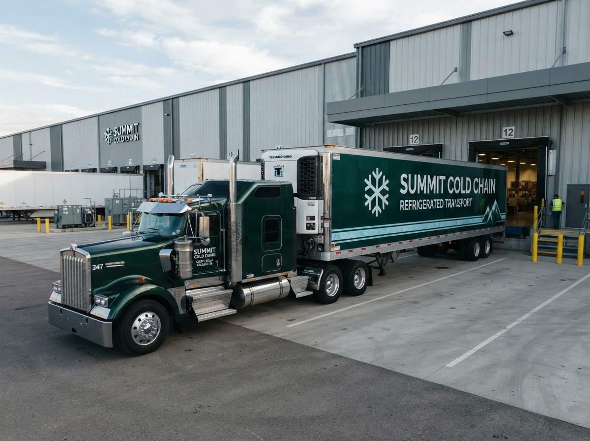 Summit Cold Chain branded refrigerated trailer at a cold storage loading dock