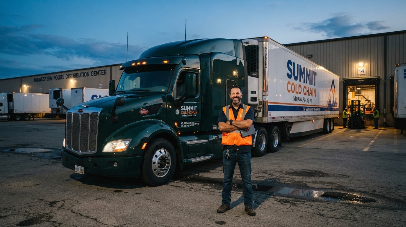 CDL A driver beside a Summit Cold Chain sleeper tractor with reefer trailer