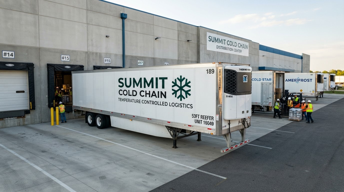 Summit Cold Chain branded 53ft refrigerated trailers parked at a cold storage facility