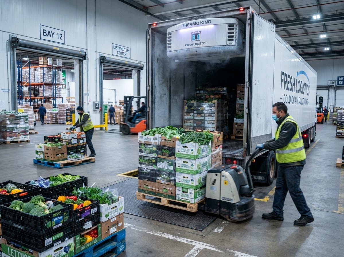 Pallets of fresh produce at a distribution facility