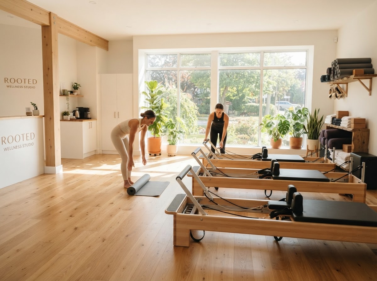 A new wellness studio being prepared for opening with reformers and mats being arranged
