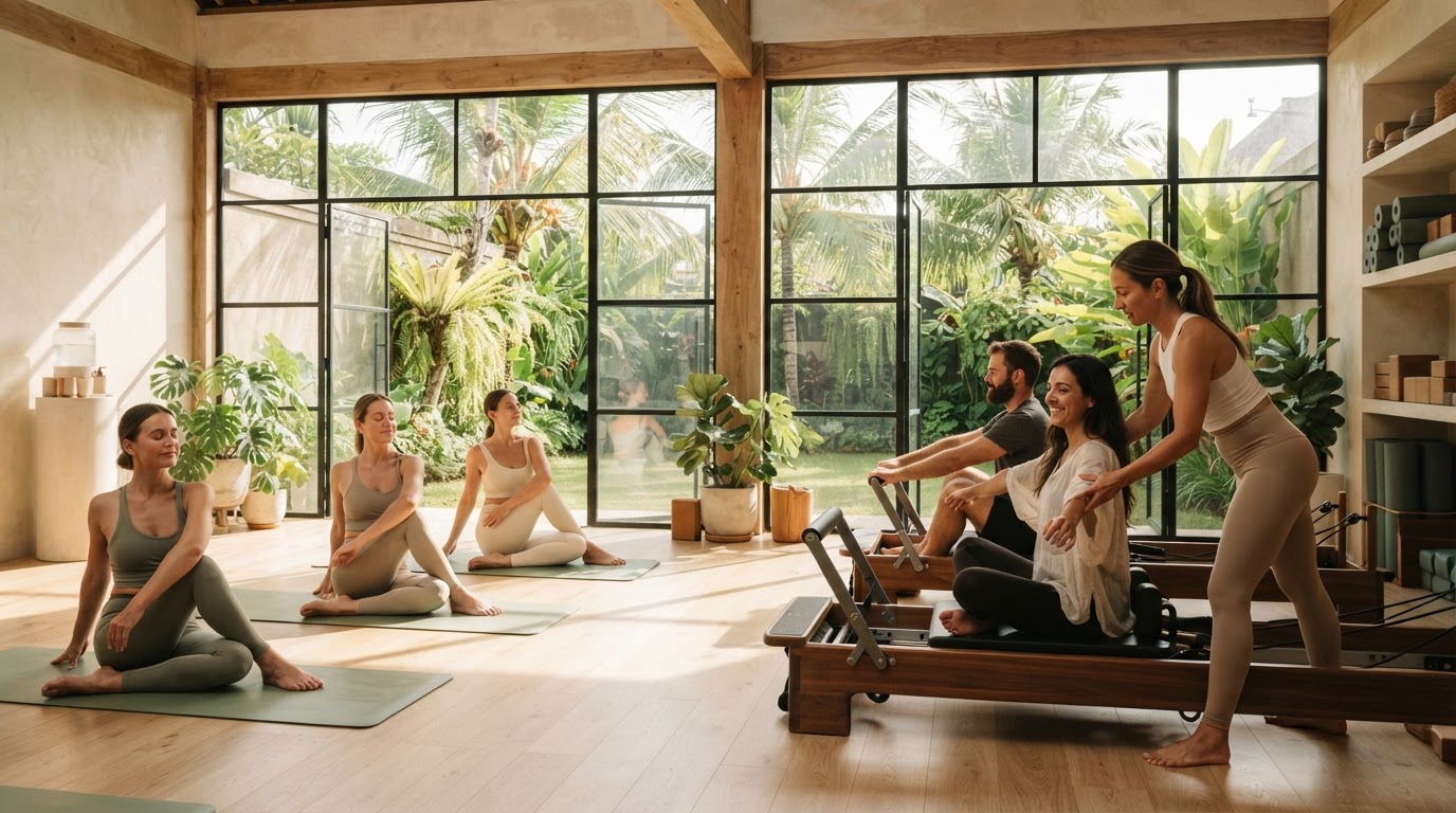 Practitioners in a sunlit wellness studio engaging in yoga and reformer pilates with an instructor
