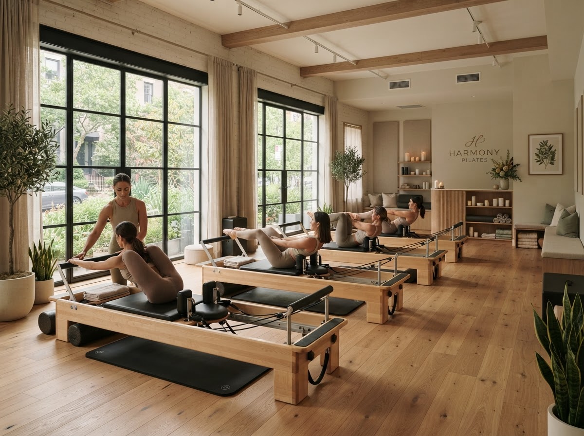 A premium pilates reformer studio with warm wooden floors and natural light