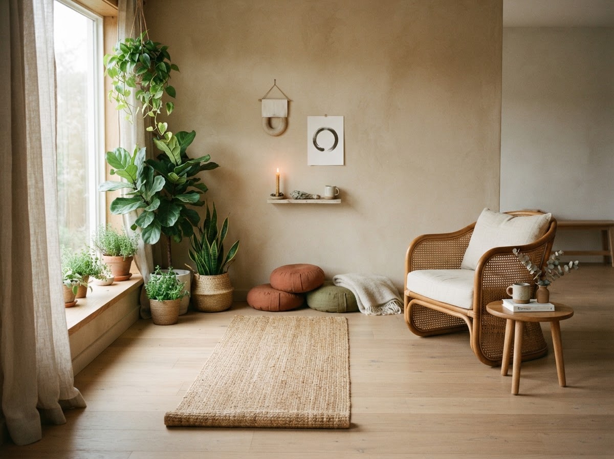 A calm yoga studio corner with a single mat, soft natural light and plants