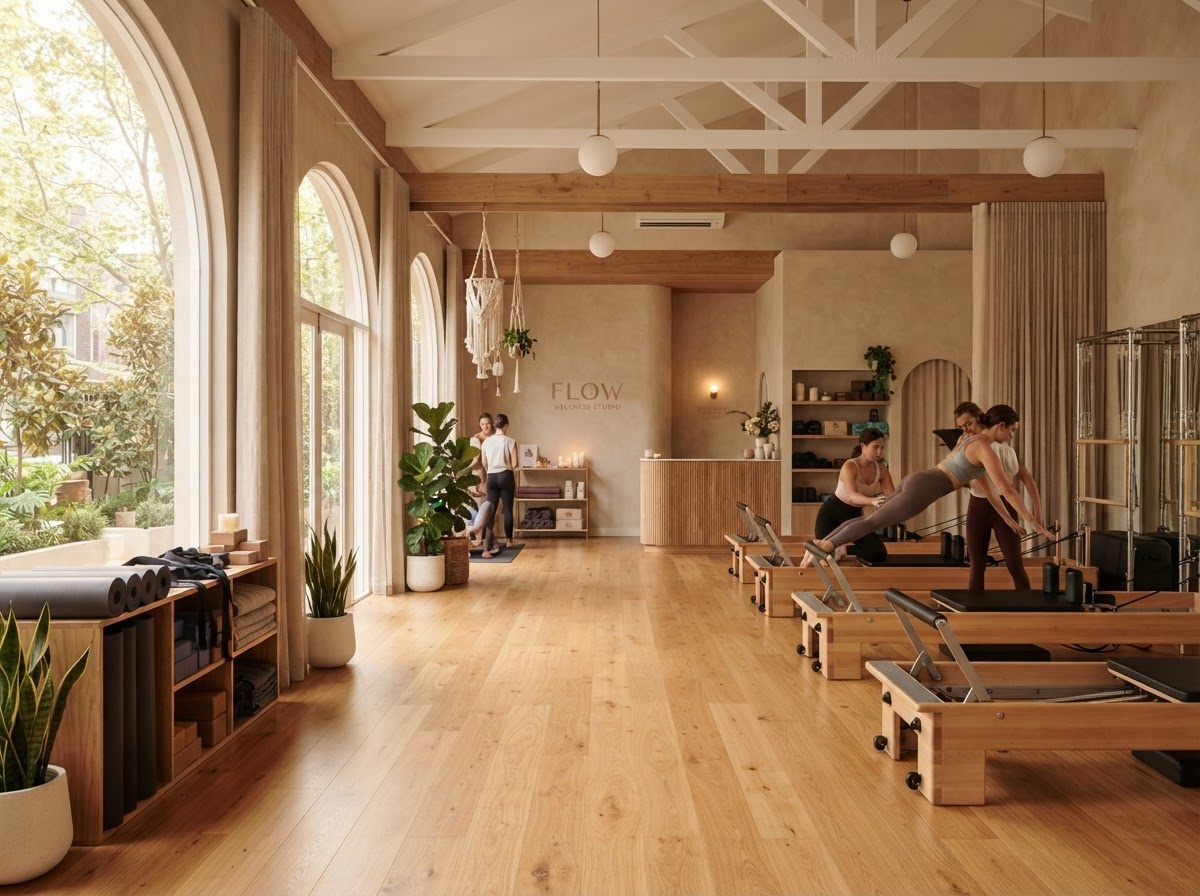 A sunlit modern yoga and pilates studio with reformers, mats and warm wooden floors