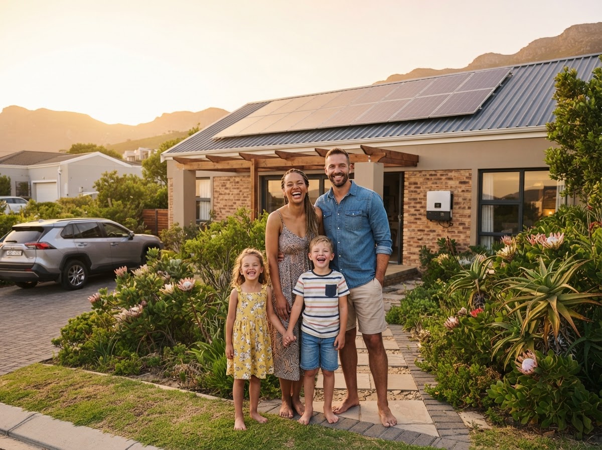 A South African family in front of their solar-powered home