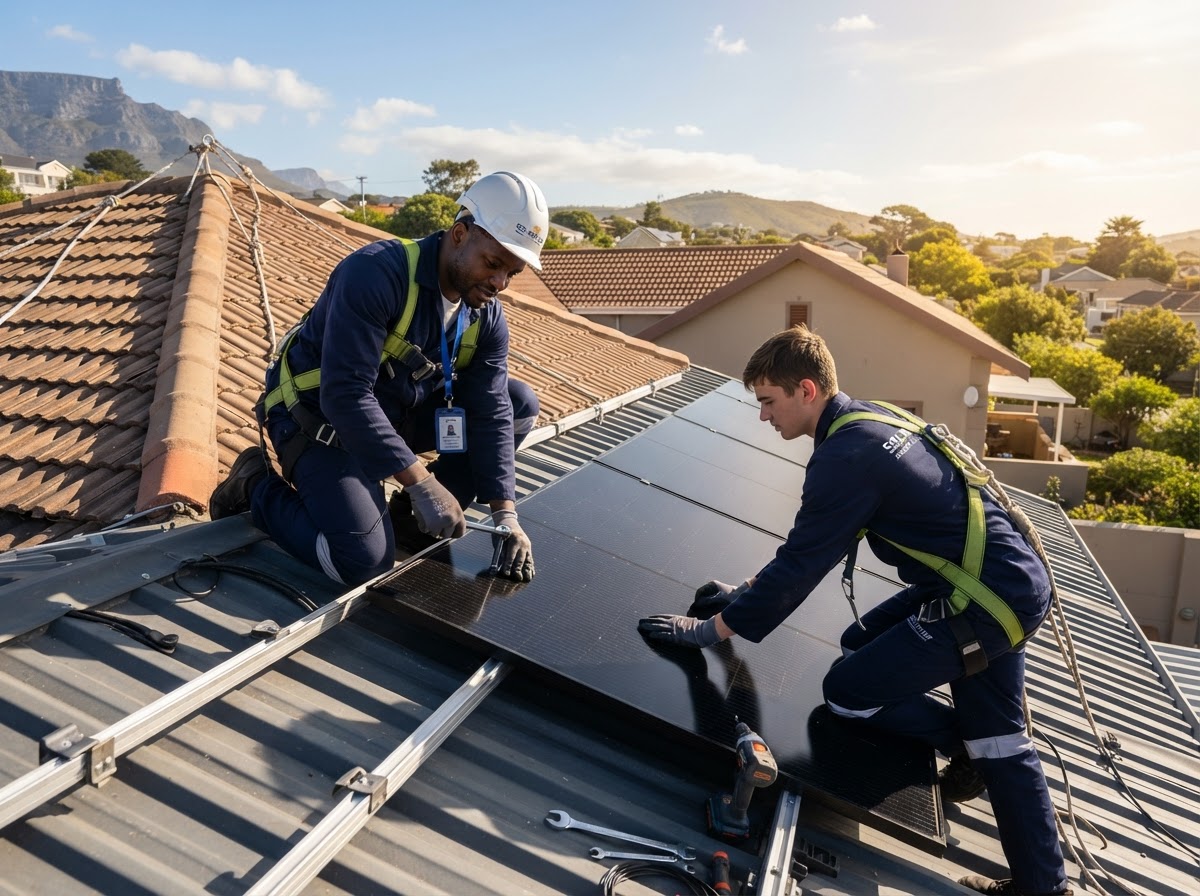 SunBright solar installers fitting panels on a Cape Town roof