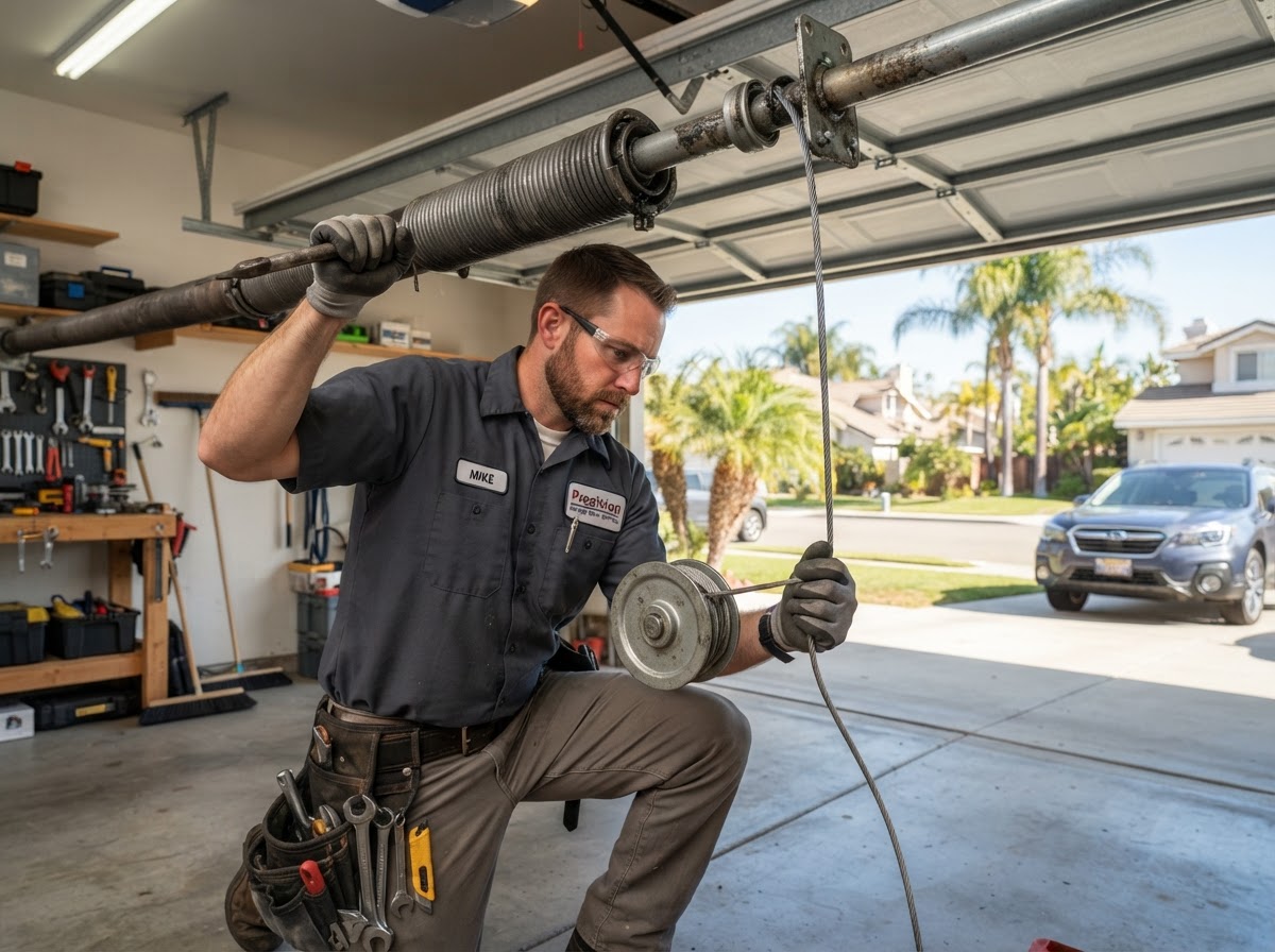Garage door technician replacing heavy duty torsion spring in Salida CA