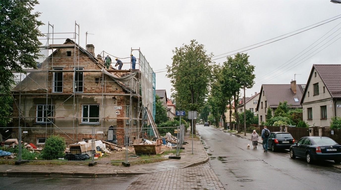 Renovuojamas namas su pastoliais gyvenamajame kvartale