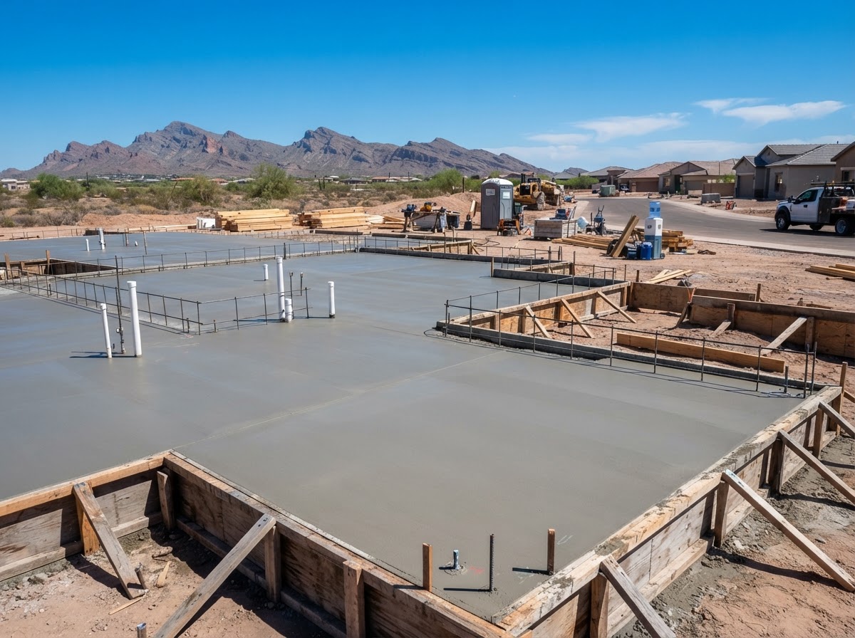Newly poured concrete foundation and slab