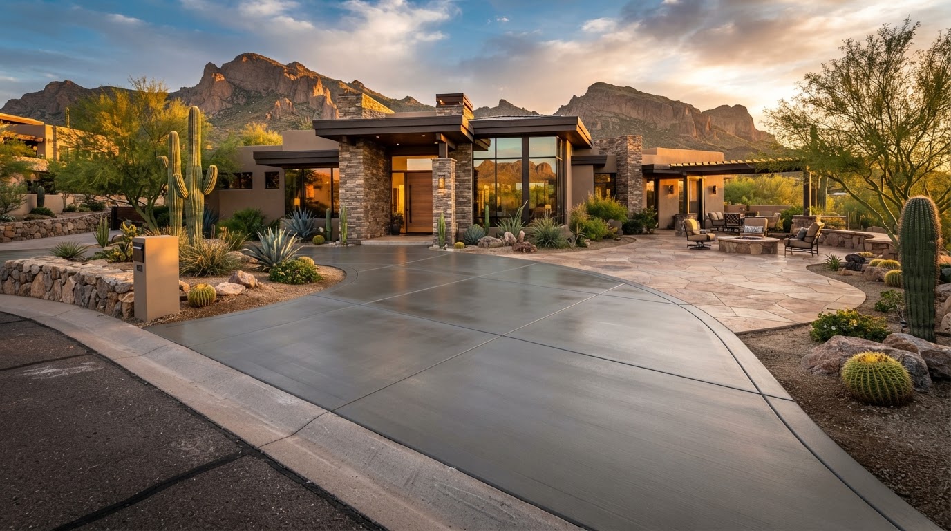 Freshly poured and finished concrete driveway in front of a modern Arizona home
