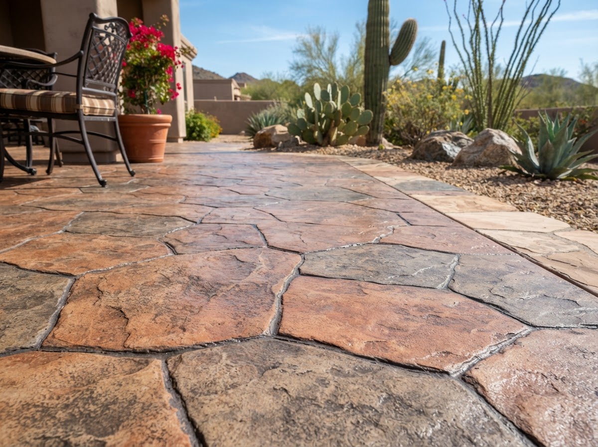 Stamped concrete patio with stone texture in warm tones
