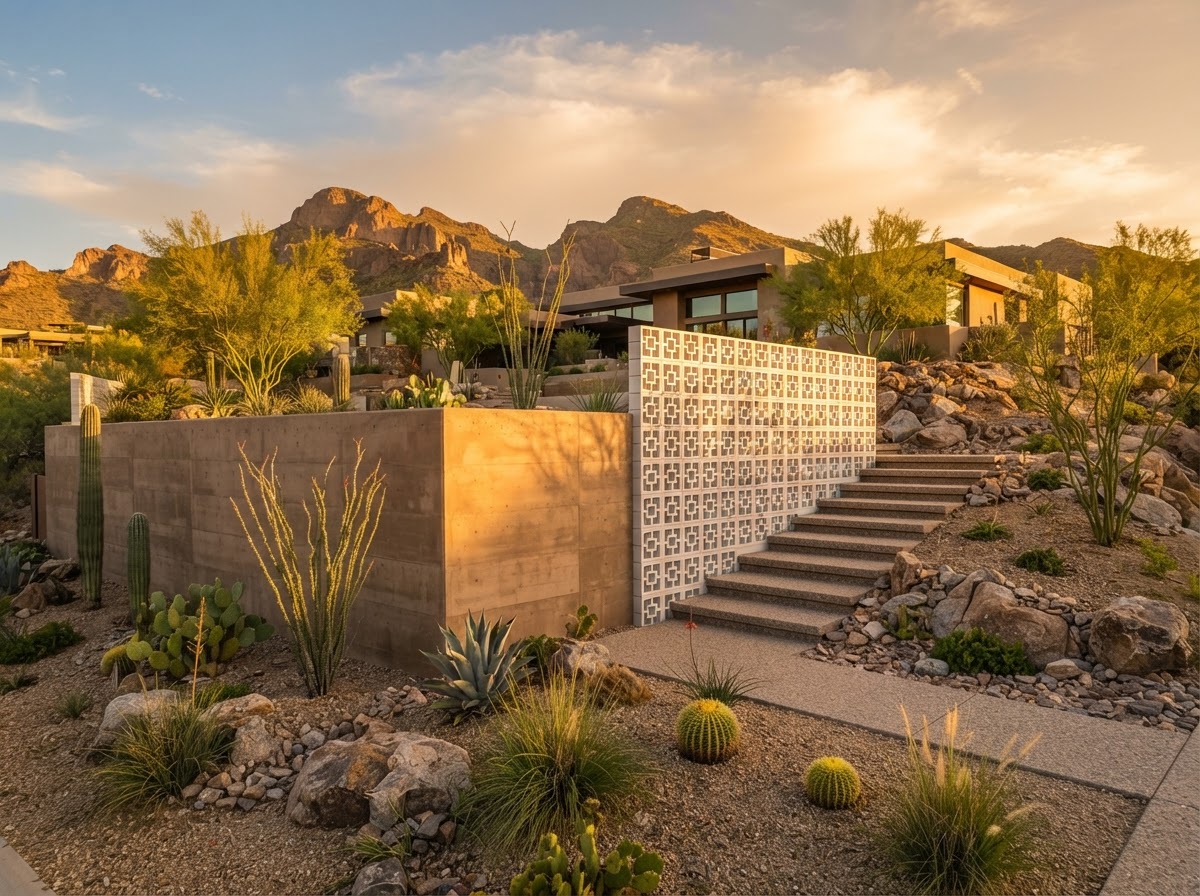 Concrete retaining wall with modern finish