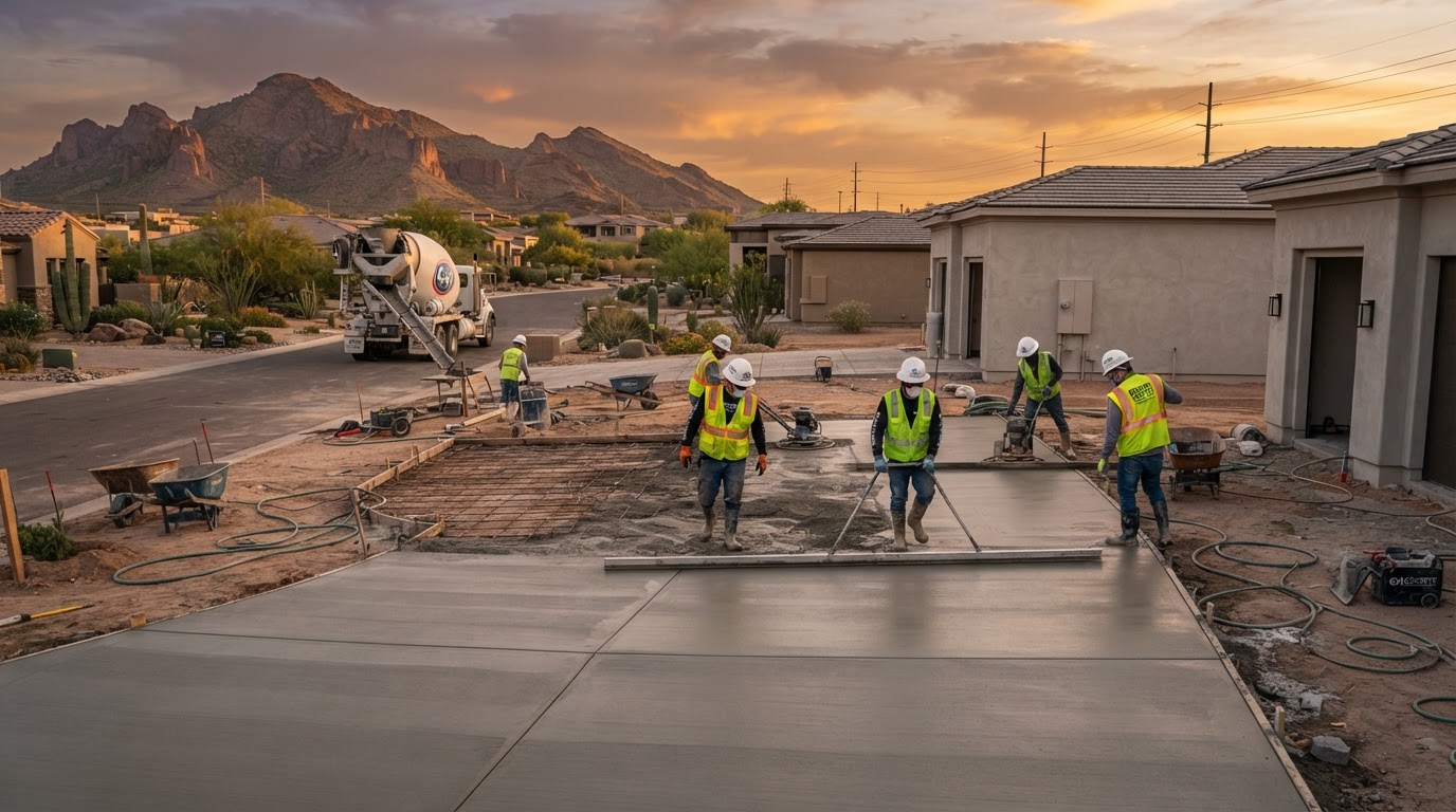 Concrete contractors finishing a driveway pour in Phoenix
