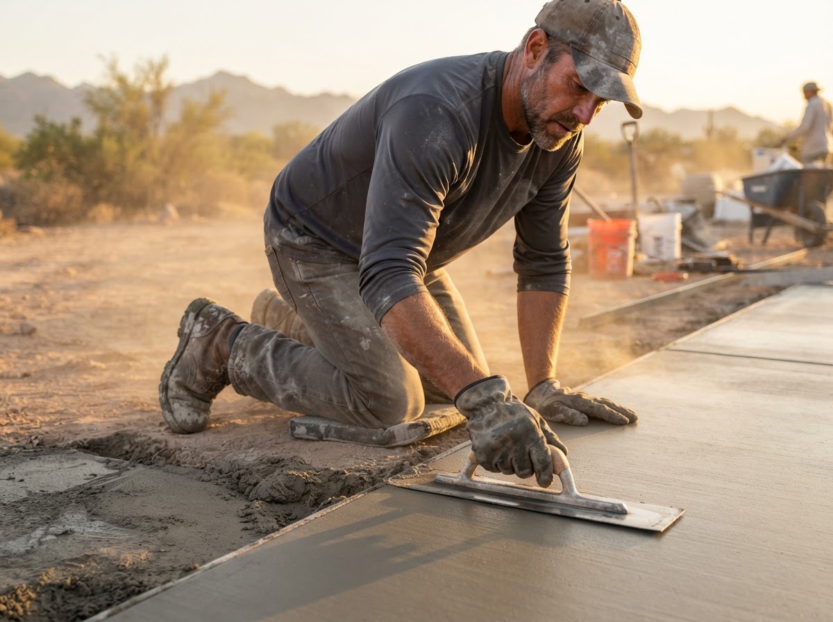 Concrete contractor finishing a smooth patio with a trowel