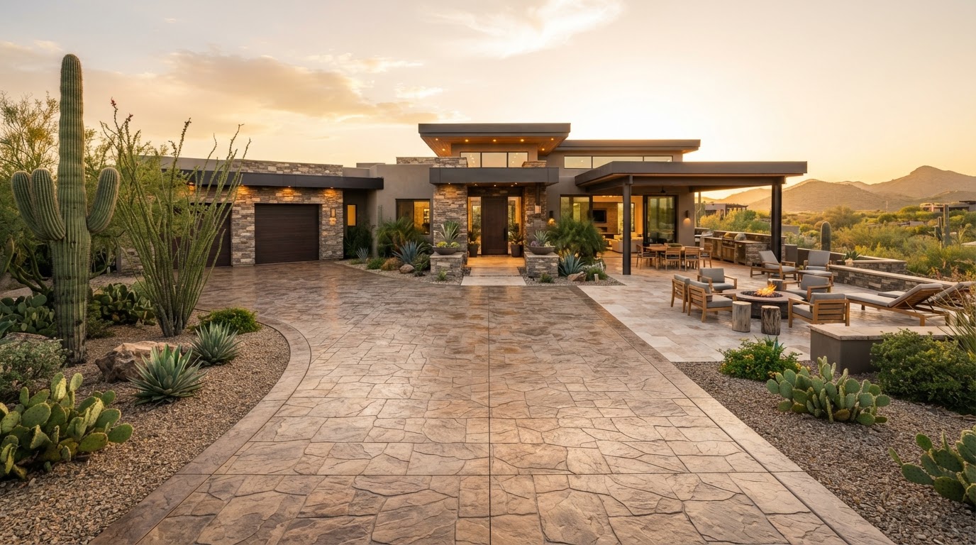 Stamped concrete driveway and patio at a luxury Scottsdale desert home at golden hour