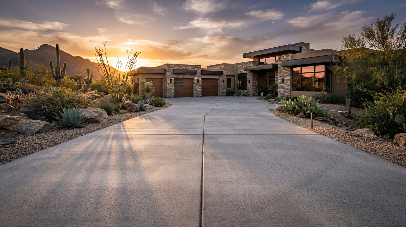 Freshly poured concrete driveway in front of a Gilbert, Arizona home at golden hour