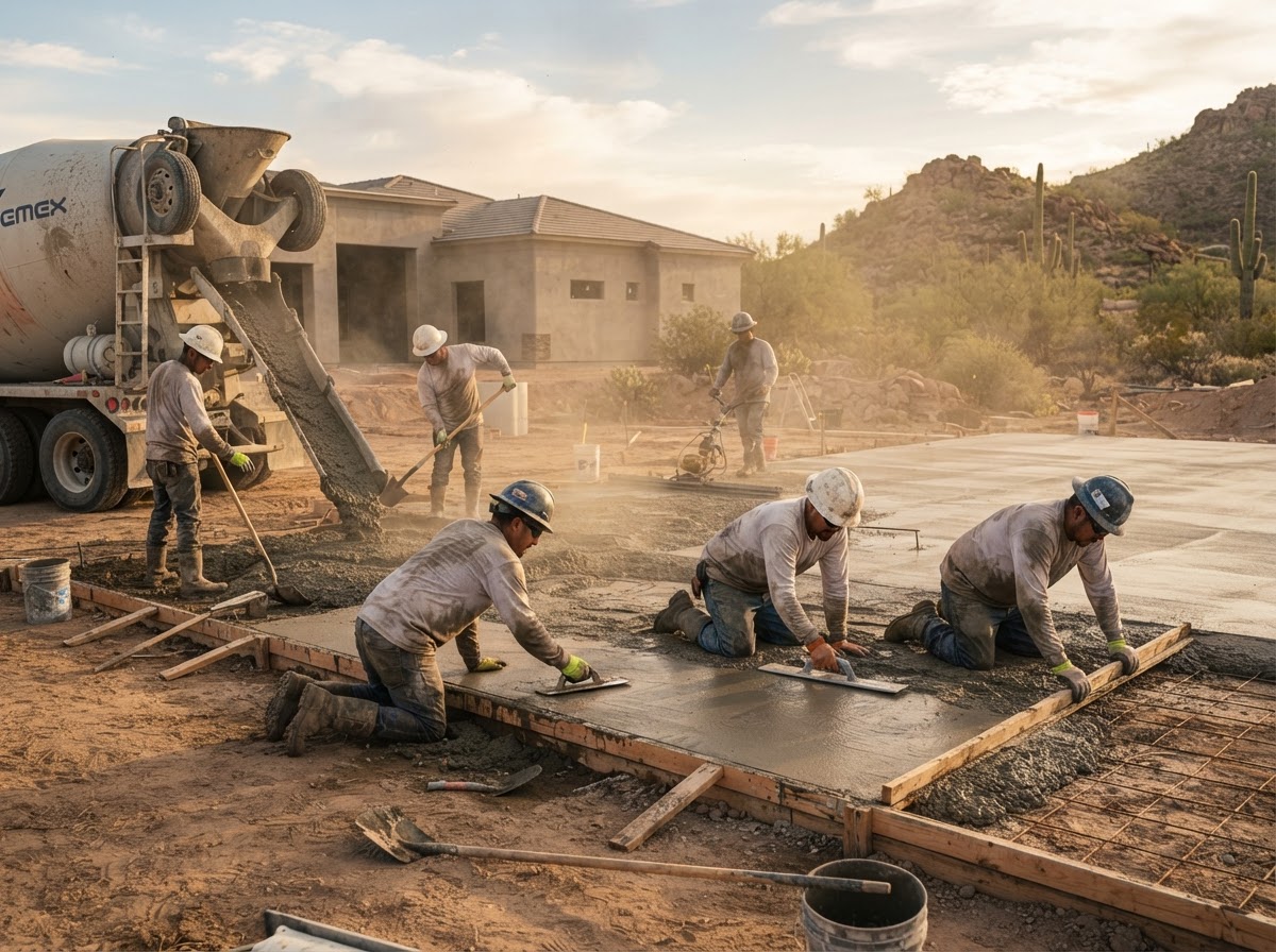 Concrete crew pouring and finishing a residential slab