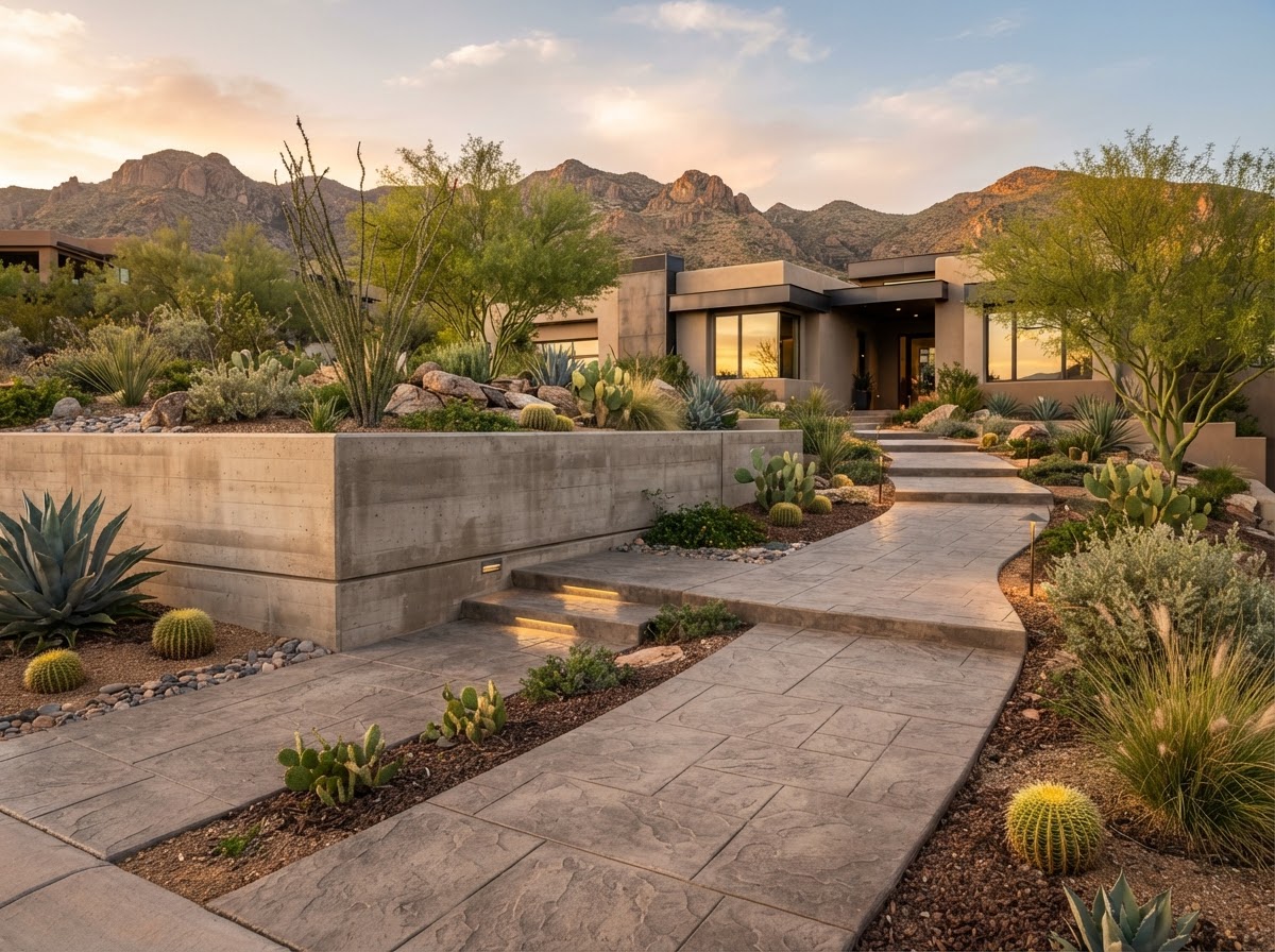 Modern concrete retaining wall and stamped walkway in a Gilbert desert landscape