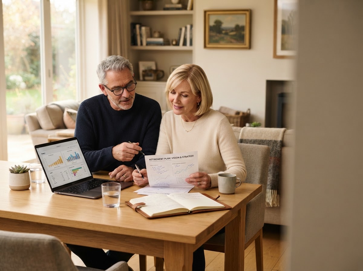 A mature couple planning their retirement together at home