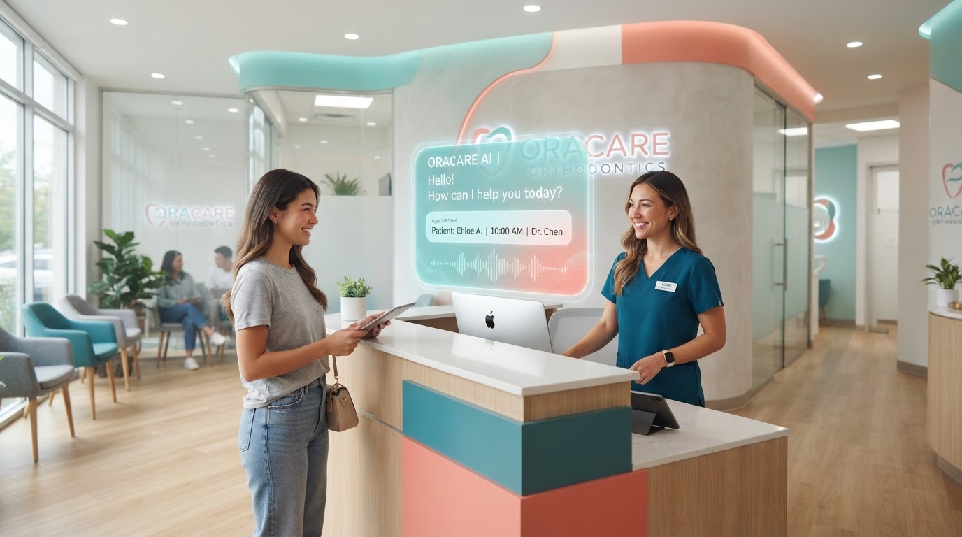 AI receptionist interface at an orthodontic practice front desk