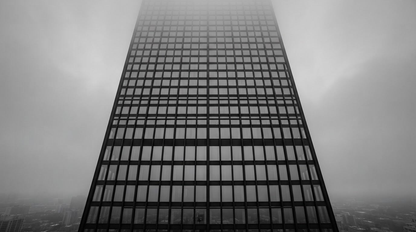 Monochrome grid of thin steel mullions against a grey sky