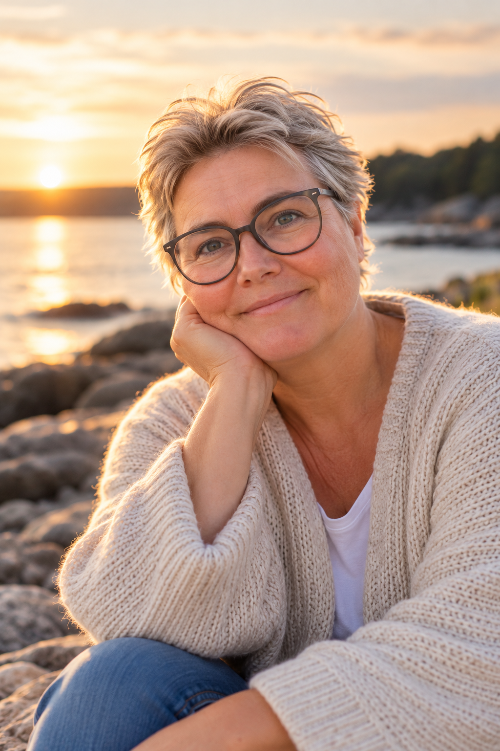 Portrett av Kari-Anne ved kysten i varm kveldssol