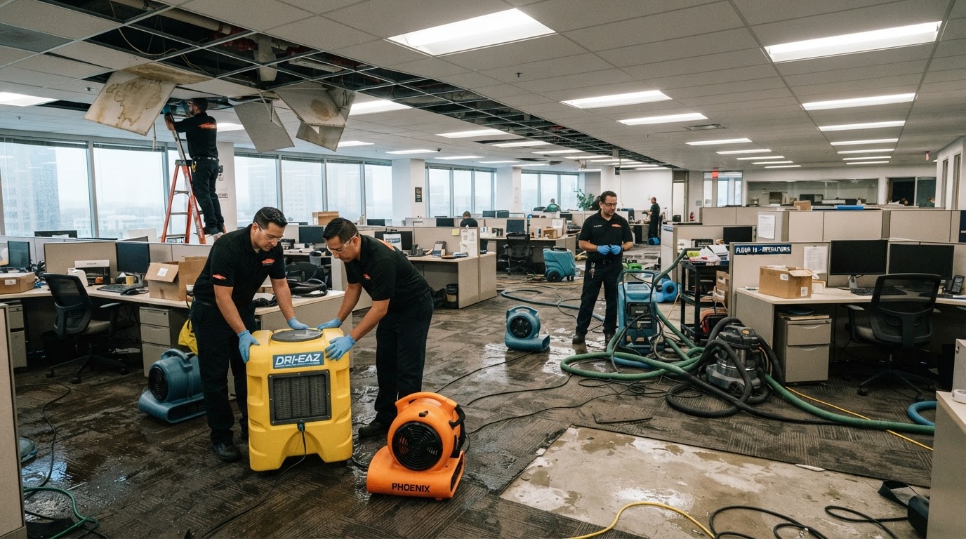 Commercial water damage restoration and drying setup inside a Huntsville office building
