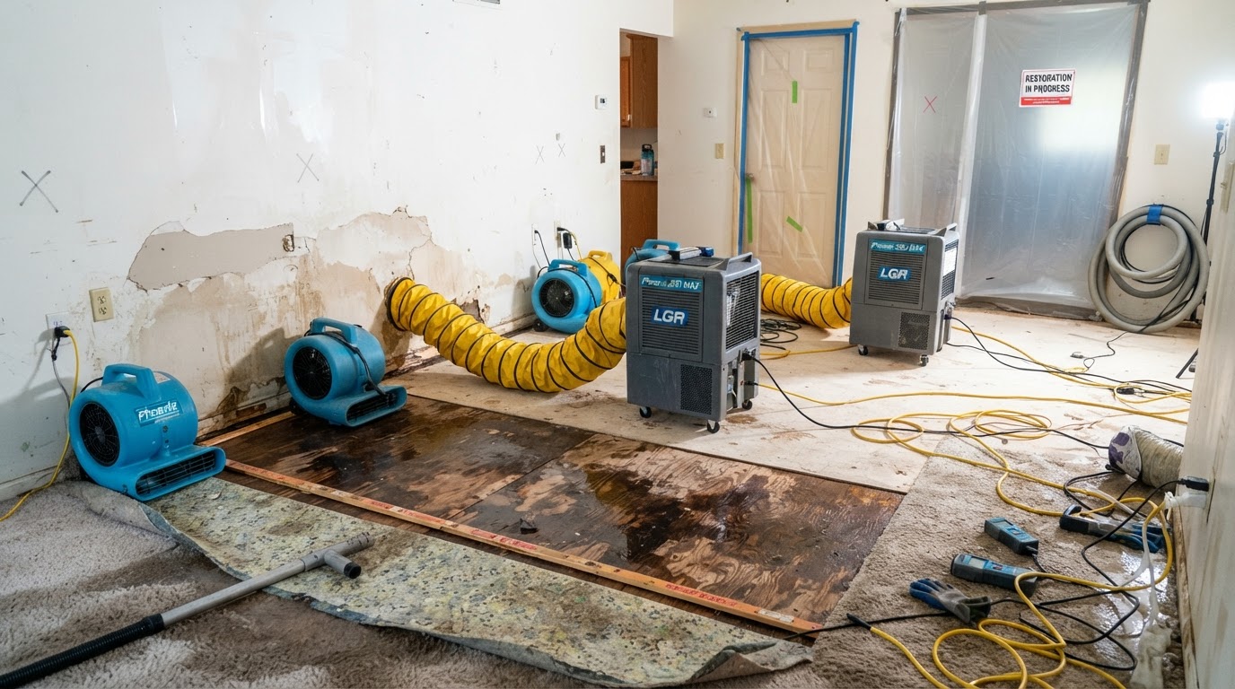 Structural drying equipment — air movers and dehumidifiers — drying a water-damaged Huntsville interior
