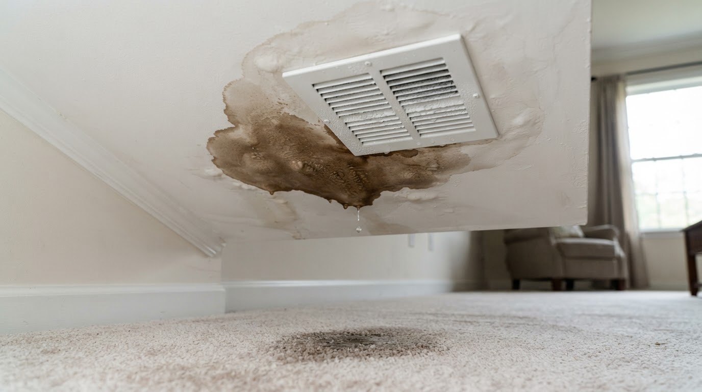 HVAC condensate water damage showing a ceiling stain below an AC vent in a Huntsville home