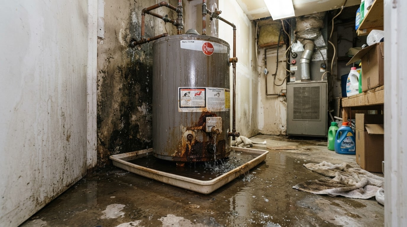 A leaking residential water heater with pooled water and wet drywall in a Huntsville utility closet